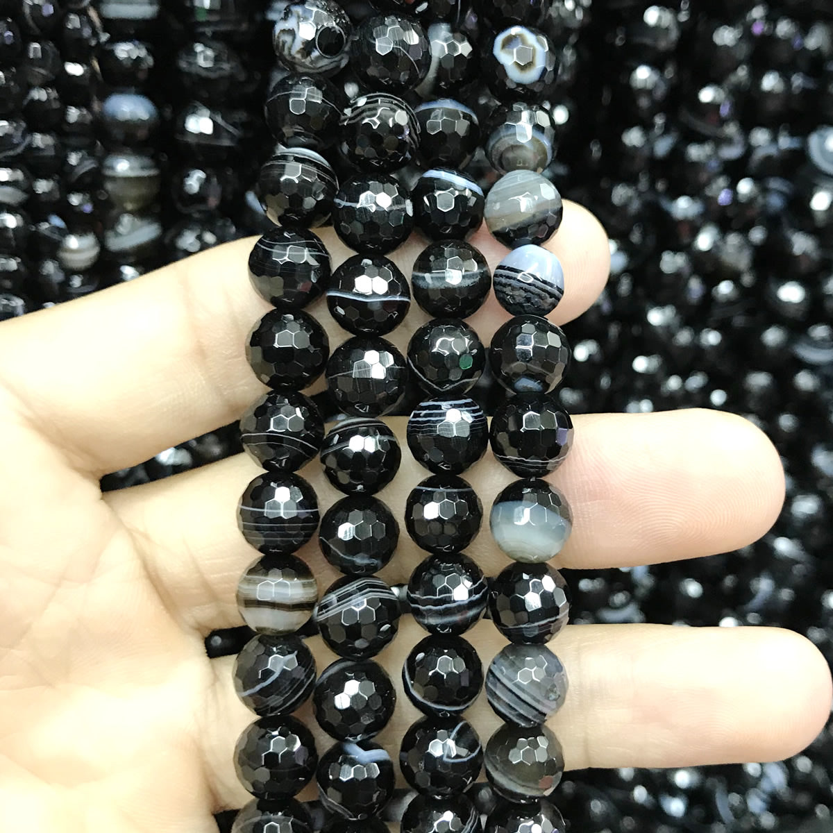 CAG485 Black Banded Agate Beads Faceted Round 8mm 15" Strand