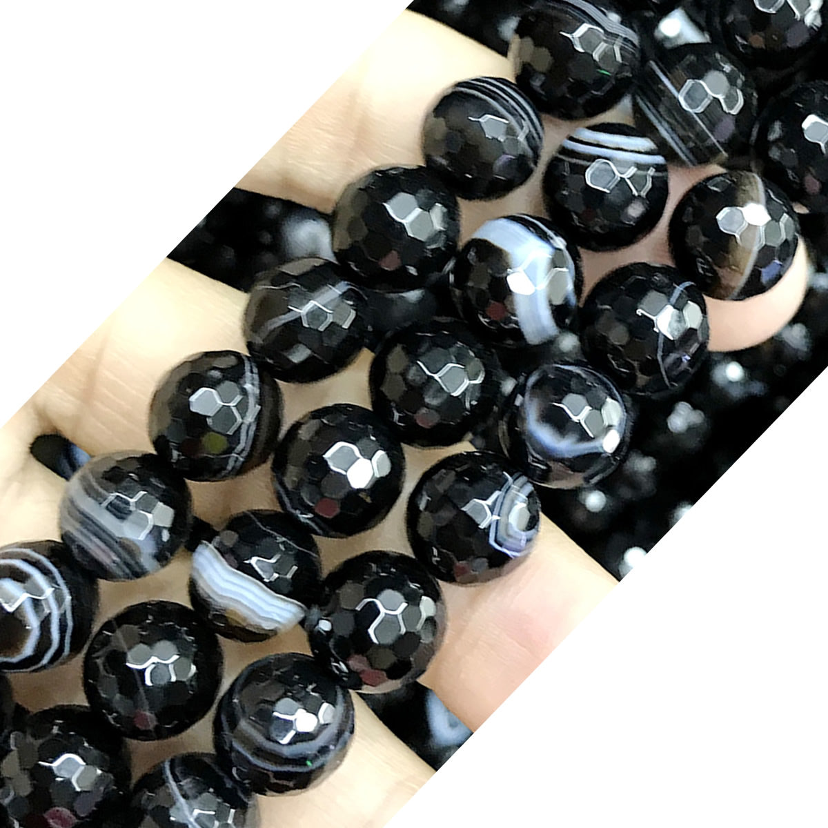 CAG486 Black Banded Agate Beads Faceted Round 10mm 15" Strand