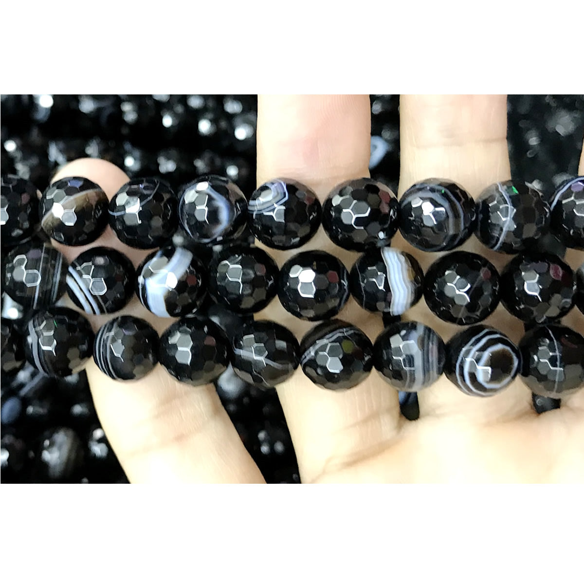 CAG486 Black Banded Agate Beads Faceted Round 10mm 15" Strand