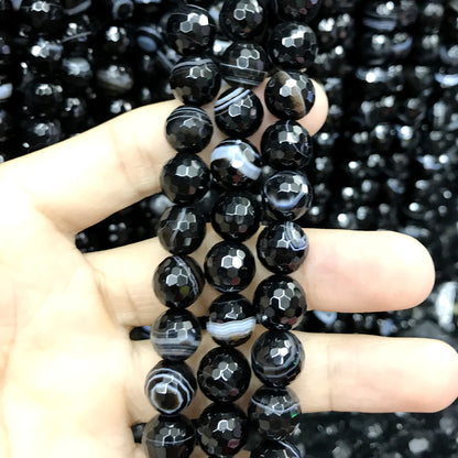 CAG486 Black Banded Agate Beads Faceted Round 10mm 15" Strand