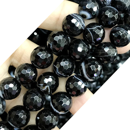 CAG487 Black Banded Agate Beads Faceted Round 12mm 15" Strand