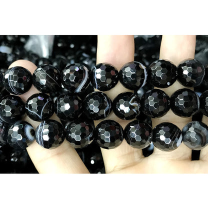 CAG487 Black Banded Agate Beads Faceted Round 12mm 15" Strand