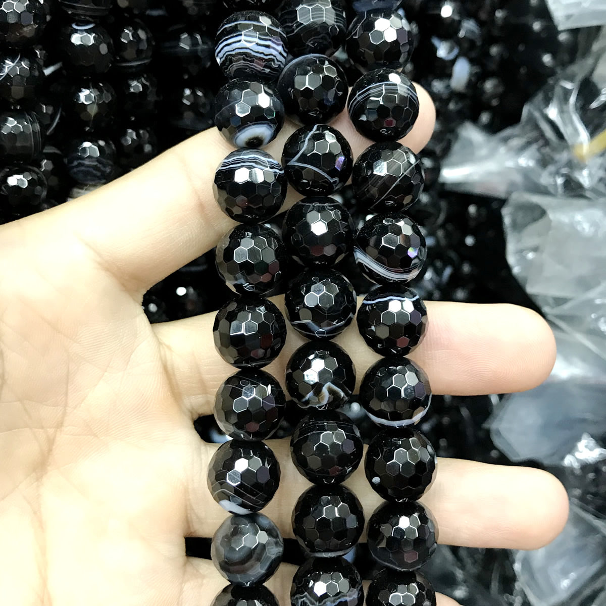 CAG487 Black Banded Agate Beads Faceted Round 12mm 15" Strand