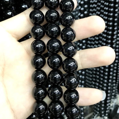 CAG496 Black Agate Beads Smooth Round 12mm 15" Strand