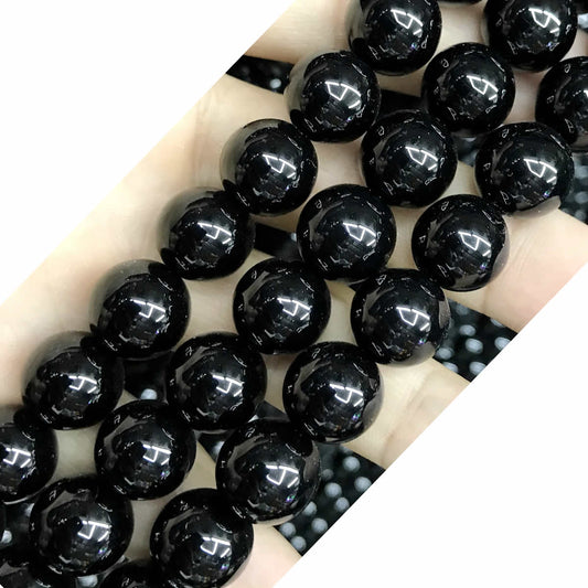 CAG497 Black Agate Beads Smooth Round 14mm 15" Strand