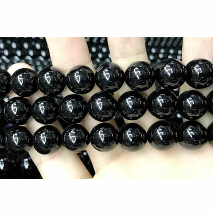 CAG497 Black Agate Beads Smooth Round 14mm 15" Strand