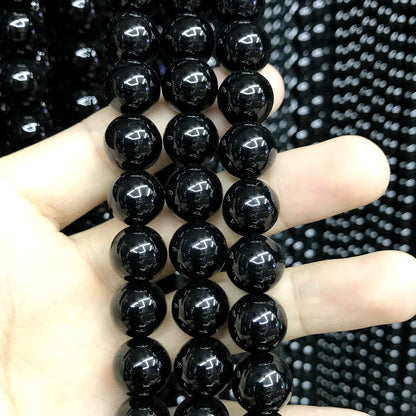 CAG497 Black Agate Beads Smooth Round 14mm 15" Strand