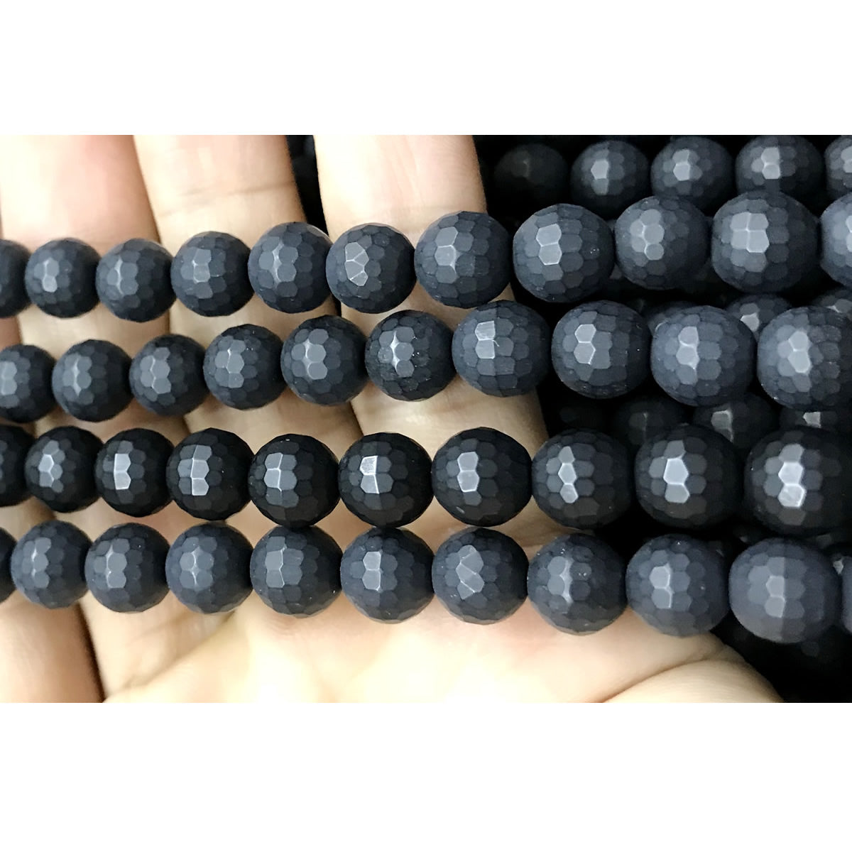 CAG515 Black Agate Beads Faceted & Matte Round 8mm 15" Strand