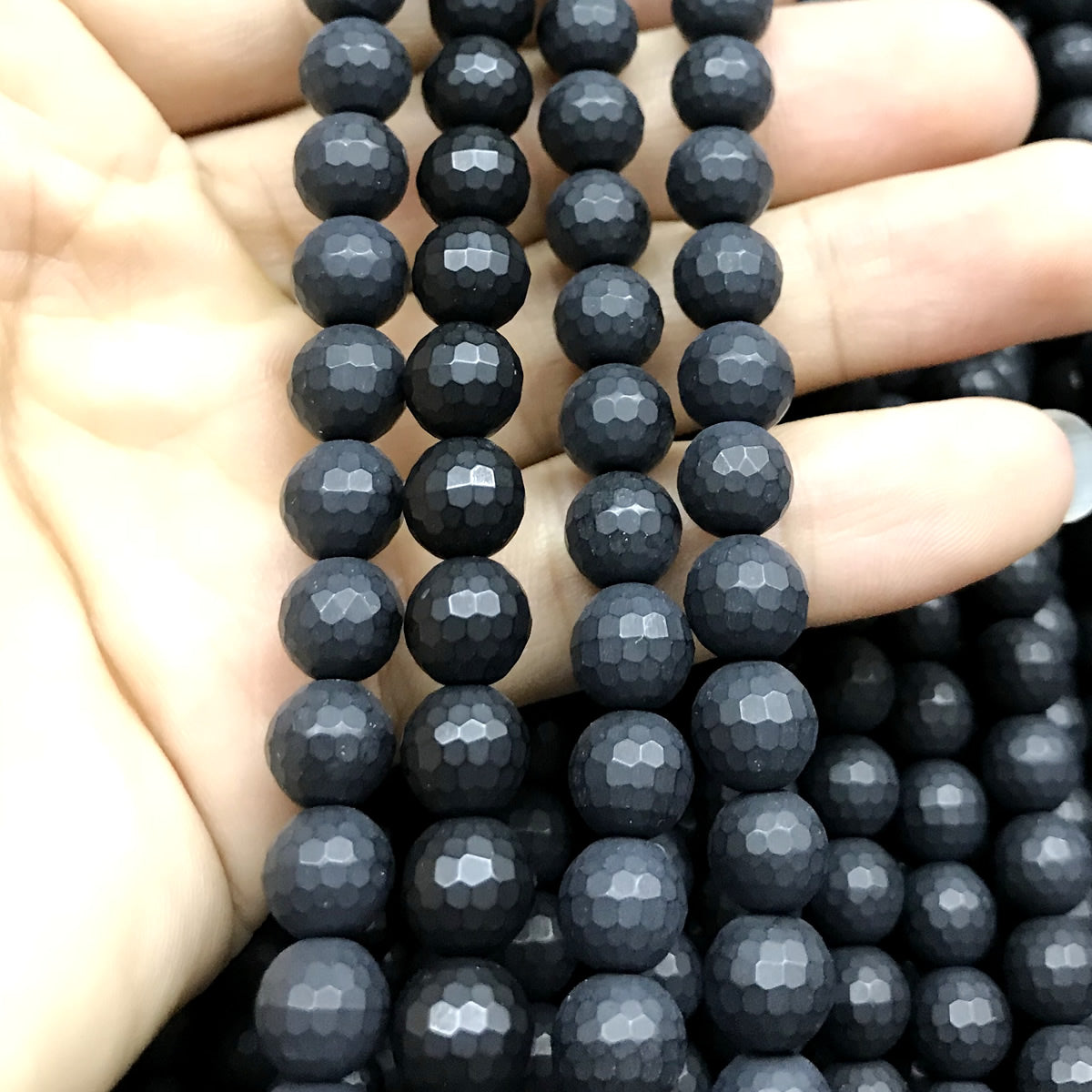 CAG515 Black Agate Beads Faceted & Matte Round 8mm 15" Strand