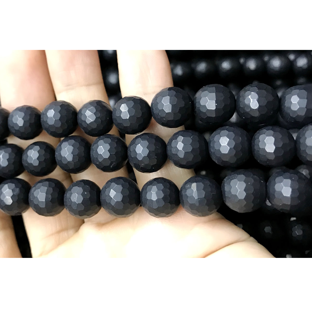 CAG516 Black Agate Beads Faceted & Matte Round 10mm 15" Strand