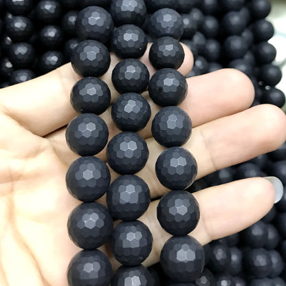 CAG517 Black Agate Beads Faceted & Matte Round 12mm 15" Strand