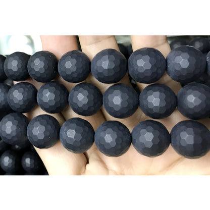 CAG518 Black Agate Beads Faceted & Matte Round 14mm 15" Strand