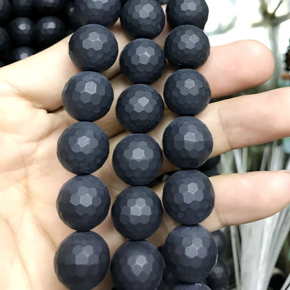 CAG518 Black Agate Beads Faceted & Matte Round 14mm 15" Strand