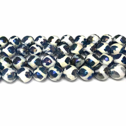 CAG732 Tibetan Agate Beads AB-Color Electroplated Faceted Round 12mm 15" Strand