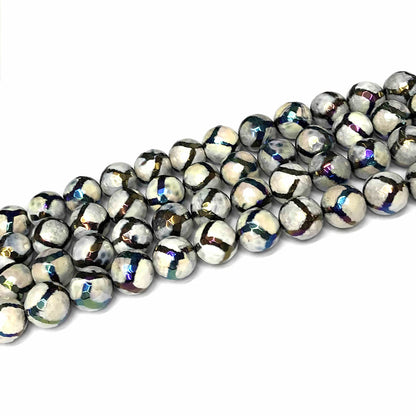 CAG746 Tibetan Agate Beads AB-Color Electroplated Faceted Round 10mm 15" Strand