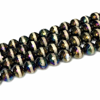 CAG752 Tibetan Agate Beads AB-Color Electroplated Faceted Round 12mm 15" Strand