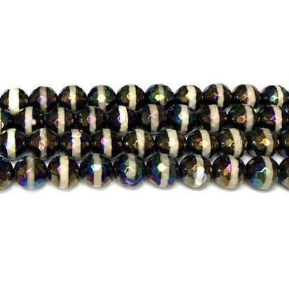 CAG752 Tibetan Agate Beads AB-Color Electroplated Faceted Round 12mm 15" Strand