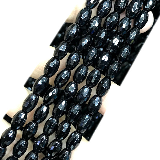 CAG760 Black Agate Beads Faceted Rice 6x9mm 15" Strand