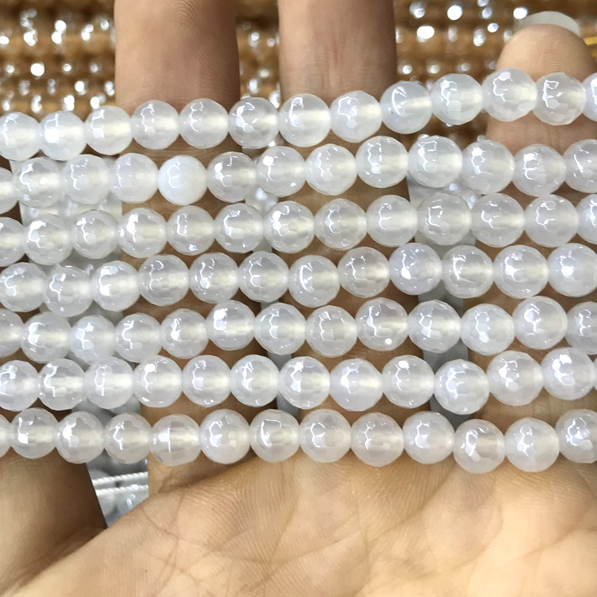 CAG760 White Agate Beads Electroplated Faceted Round 6mm 15" Strand