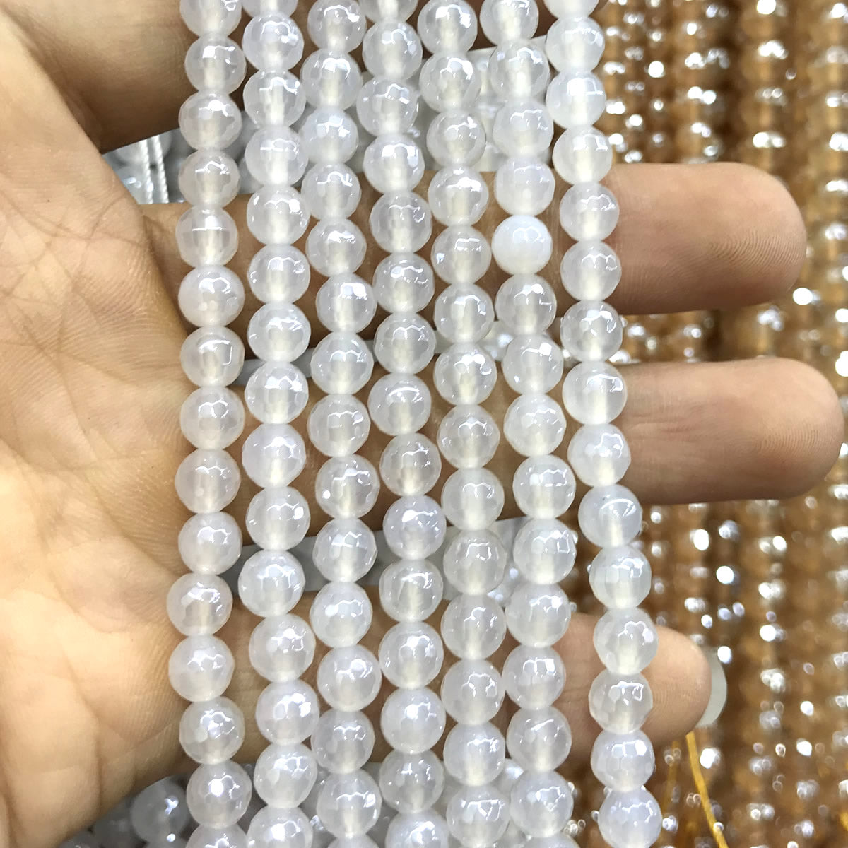 CAG760 White Agate Beads Electroplated Faceted Round 6mm 15" Strand