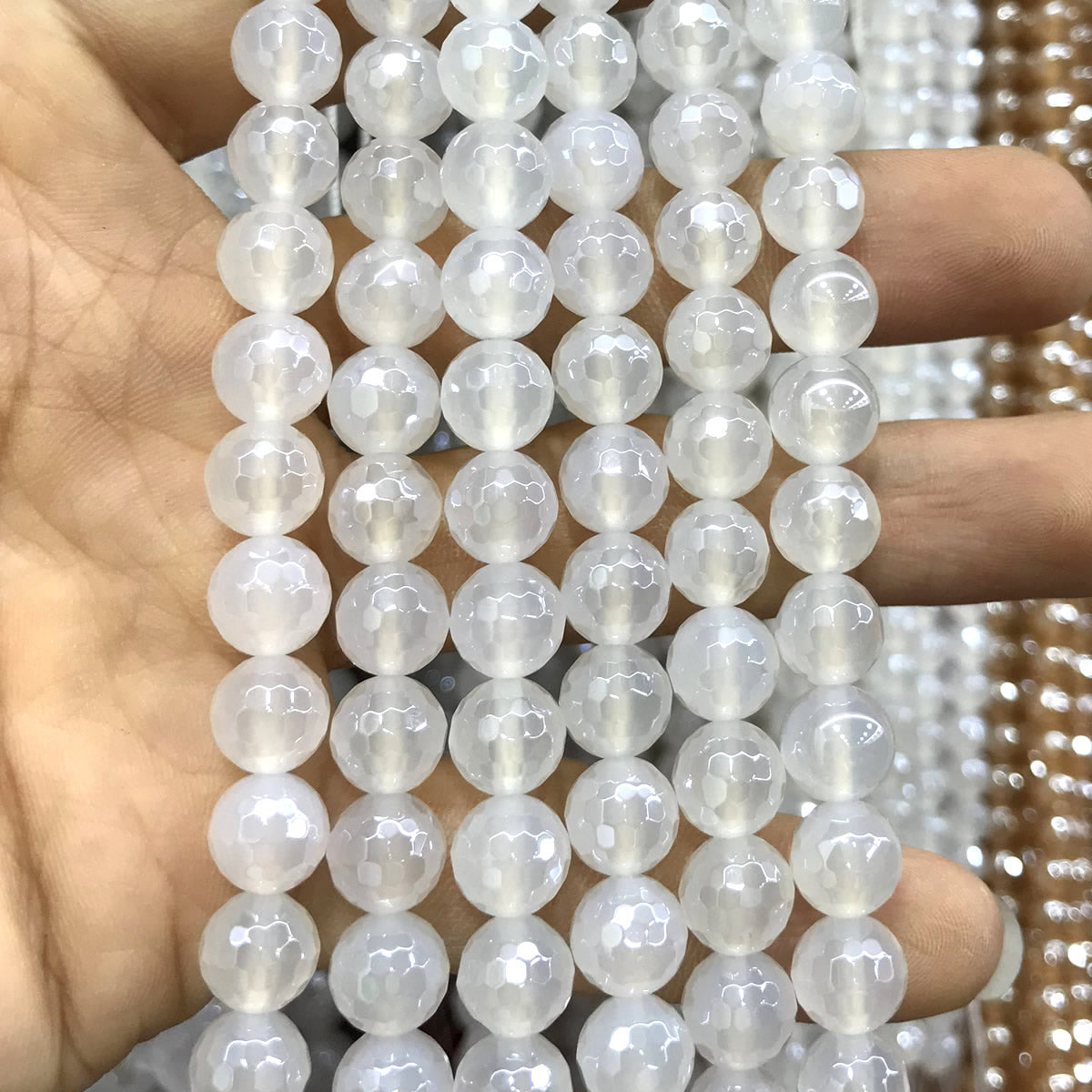 CAG761 White Agate Beads Electroplated Faceted Round 8mm 15" Strand