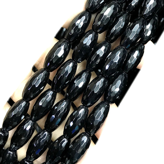 CAG762 Black Agate Beads Faceted Rice 6x16mm 15" Strand