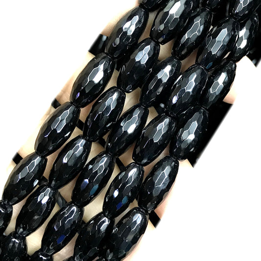 CAG763 Black Agate Beads Faceted Rice 8x16mm 15" Strand