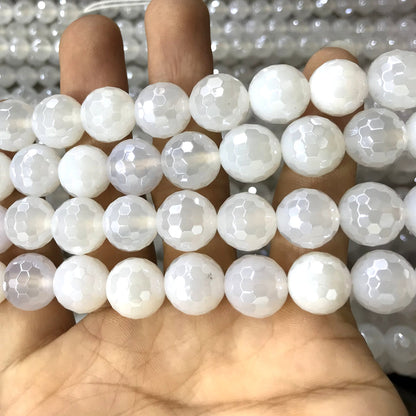 CAG763 White Agate Beads Electroplated Faceted Round 12mm 15" Strand