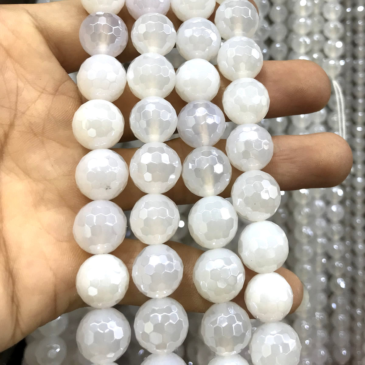 CAG763 White Agate Beads Electroplated Faceted Round 12mm 15" Strand