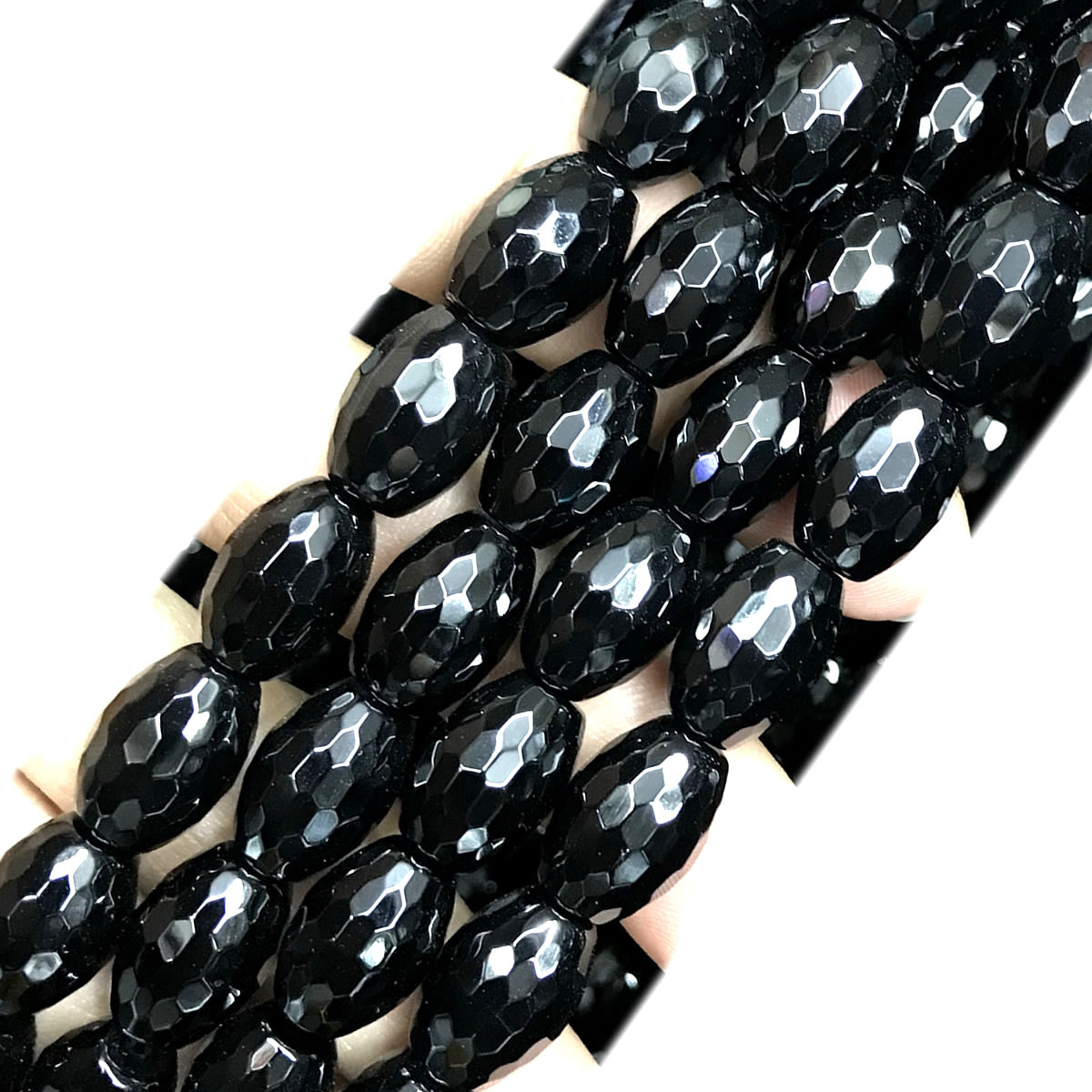 CAG764 Black Agate Beads Faceted Rice 10x14mm 15" Strand