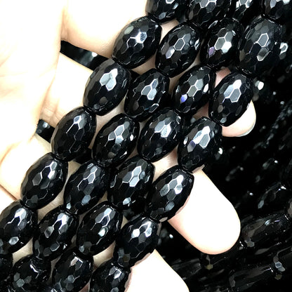 CAG764 Black Agate Beads Faceted Rice 10x14mm 15" Strand