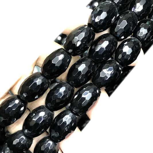 CAG766 Black Agate Beads Faceted Rice 13x18mm 15" Strand