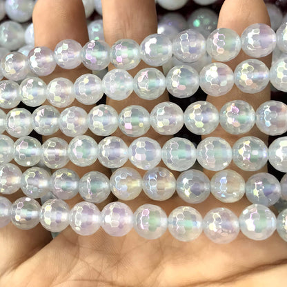 CAG766 White Agate Beads AB-color Electroplated Faceted Round 8mm 15" Strand