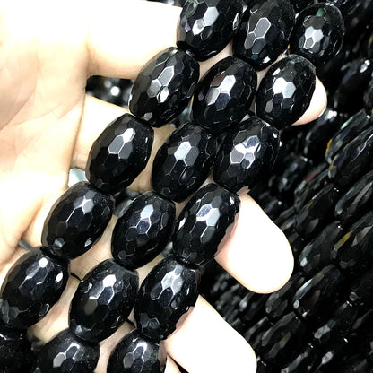 CAG766 Black Agate Beads Faceted Rice 13x18mm 15" Strand