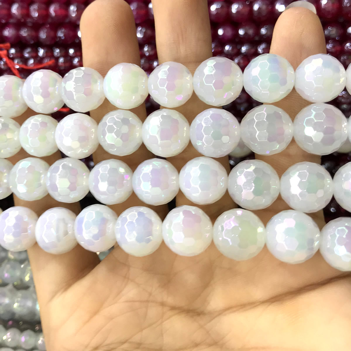 CAG767 White Agate Beads AB-color Electroplated Faceted Round 10mm 15" Strand