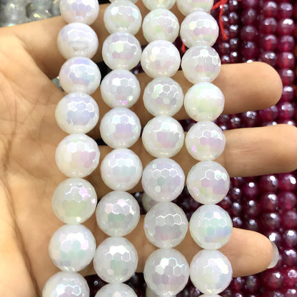 CAG767 White Agate Beads AB-color Electroplated Faceted Round 10mm 15" Strand