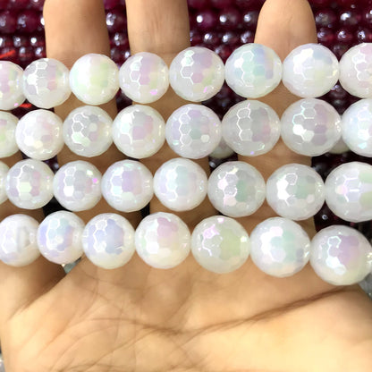 CAG768 White Agate Beads AB-color Electroplated Faceted Round 12mm 15" Strand