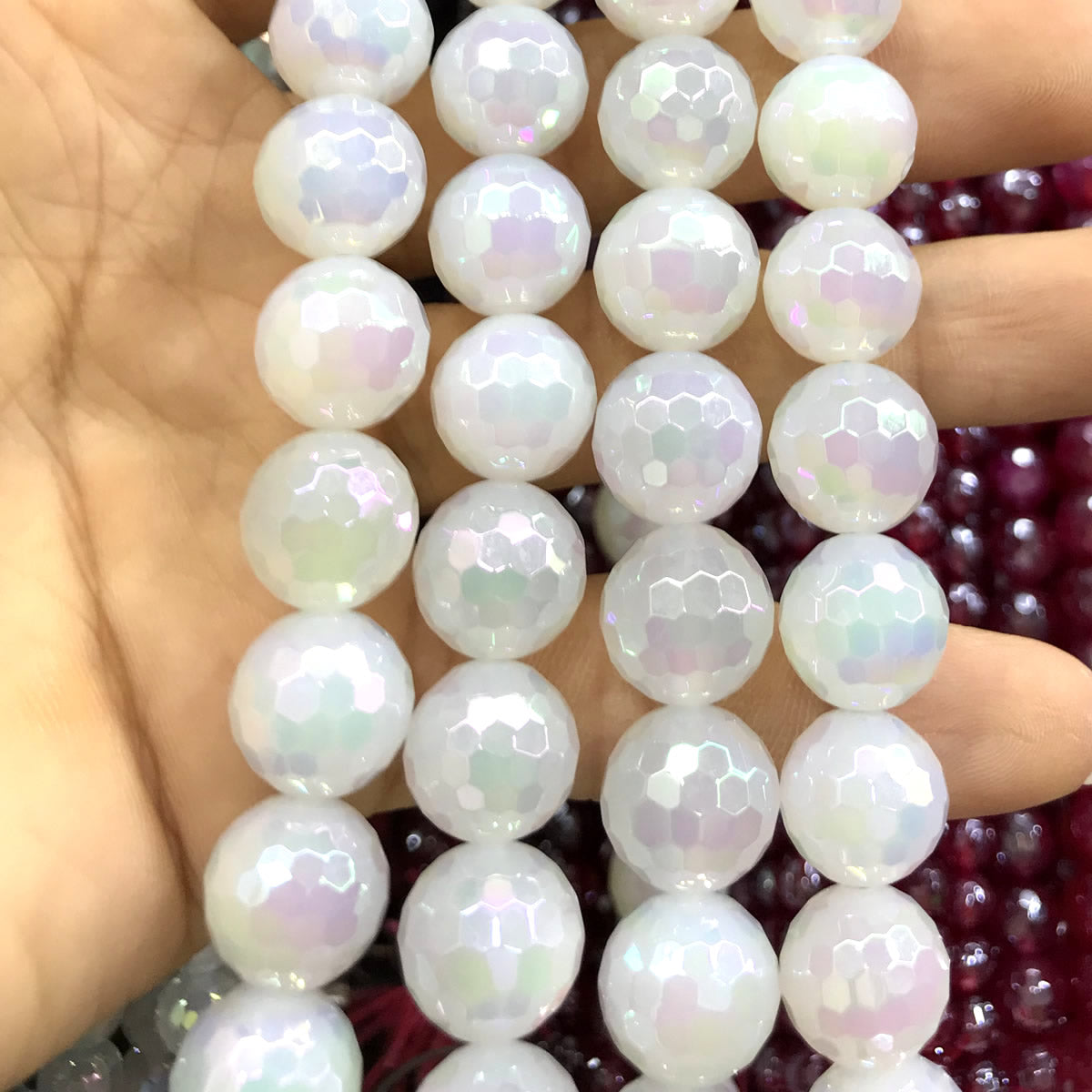 CAG768 White Agate Beads AB-color Electroplated Faceted Round 12mm 15" Strand