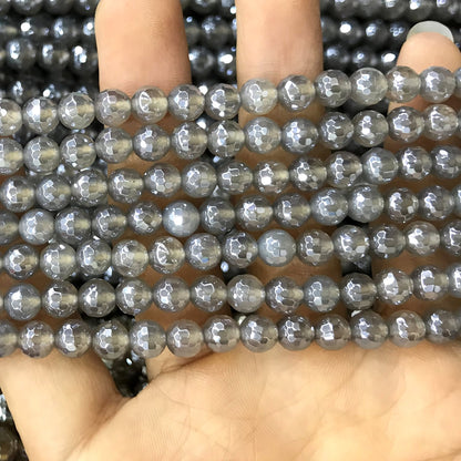 CAG770 Grey Agate Beads Electroplated Faceted Round 6mm 15" Strand