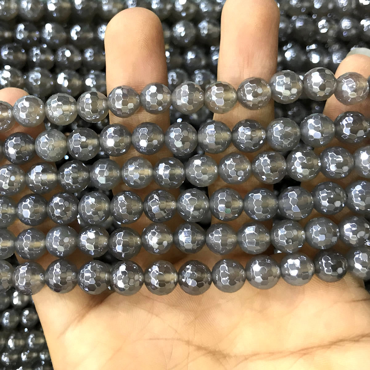 CAG771 Grey Agate Beads Electroplated Faceted Round 8mm 15" Strand