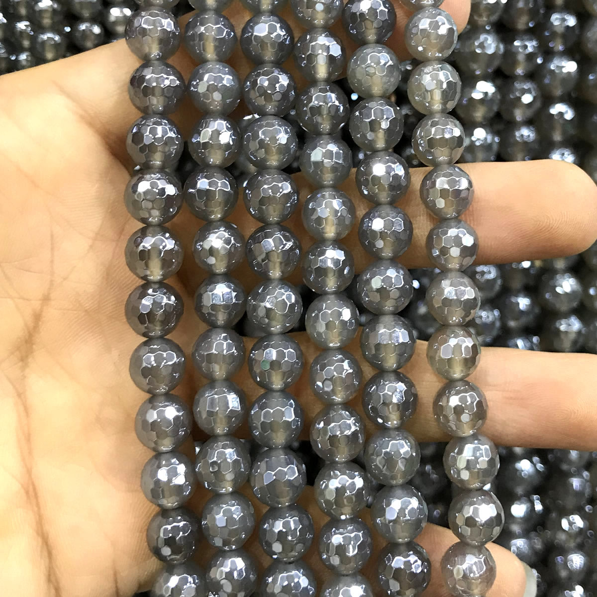 CAG771 Grey Agate Beads Electroplated Faceted Round 8mm 15" Strand