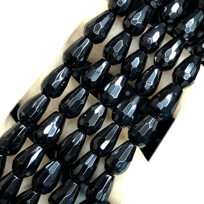 CAG772 Black Agate Beads Faceted Teardrop 6x9mm 15" Strand