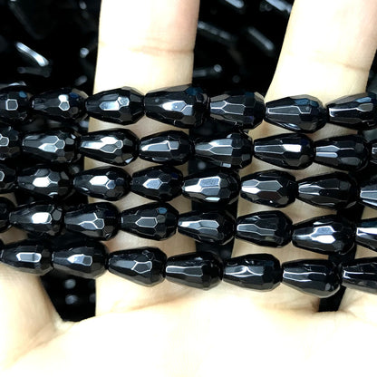 CAG772 Black Agate Beads Faceted Teardrop 6x9mm 15" Strand