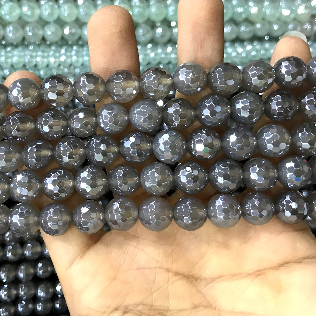 CAG772 Grey Agate Beads Electroplated Faceted Round 10mm 15" Strand