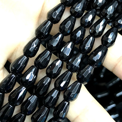 CAG772 Black Agate Beads Faceted Teardrop 6x9mm 15" Strand