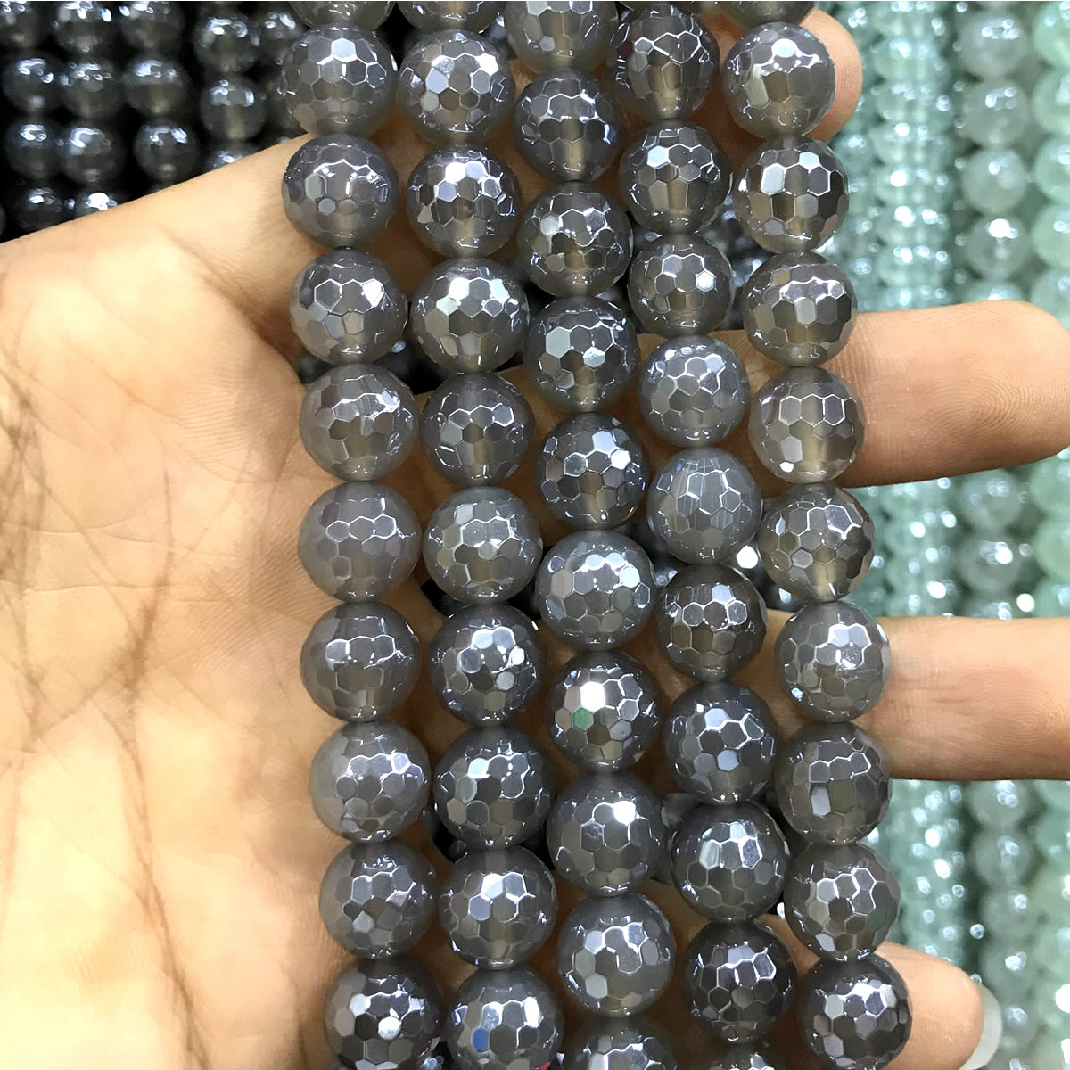 CAG772 Grey Agate Beads Electroplated Faceted Round 10mm 15" Strand