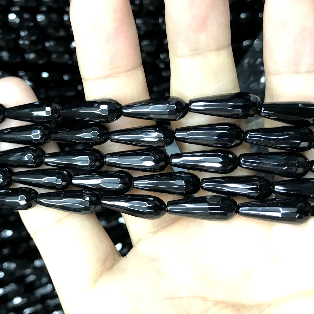 CAG773 Black Agate Beads Faceted Teardrop 6x16mm 15" Strand