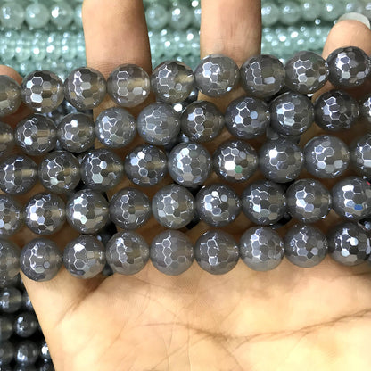 CAG773 Grey Agate Beads Electroplated Faceted Round 12mm 15" Strand