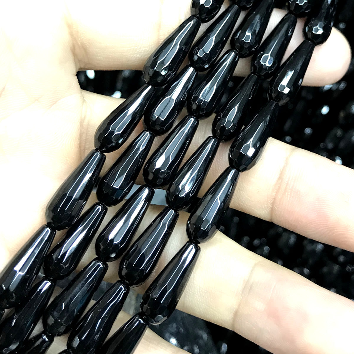 CAG773 Black Agate Beads Faceted Teardrop 6x16mm 15" Strand