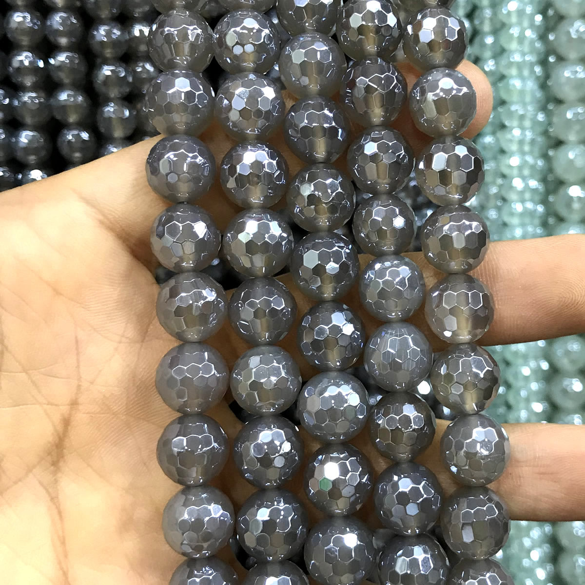 CAG773 Grey Agate Beads Electroplated Faceted Round 12mm 15" Strand